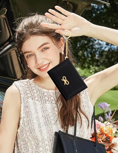 Image of BIAOTIE Coquette Bow Wallet for Women, Small Slim Trifold Womens Wallet with Key chain Cute Aesthetic Card Holder ID Window for Girl (Black)