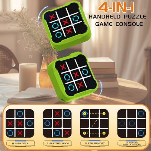 Electronic Tic Tac Toe Game, 4-in-1 Handheld Puzzle Tic Tac Toe Bolt Game, Portable Travel Board Game for Car Ride, Educational Memory Games for Ages 3 for Boys, Green — view 4