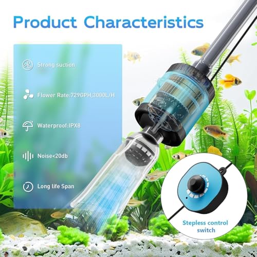 Image of 729GPH /15W Aquarium Gravel Vacuum - 6-in-1 Electric Siphon Pump & Fish Tank Cleaning Kit with Upgraded Variable Frequency Motor for Water Changing, Sand Washing & Waste Removal