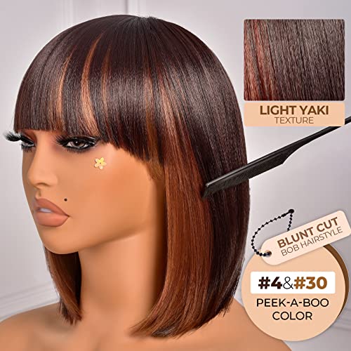 Toyotress Short Bob Wigs With Bangs - 12 Inch Black Mix Brown Yaki Straight Hair Daily Costume Wig For Black Women, Soft Light Synthetic Hair Replacement Wigs Heat Resistant (12 Inch, Sh4/30-612H) #TOP3