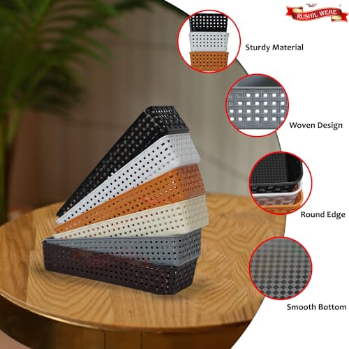 Image of Multipurpose Desk Organizer Basket | 2 Free Mobile Pyramid Stand | Compact and Stackable | For Kitchen, Bathroom, Office, Makeup| Multicolour | 23 x 8 x 5 cm | Plastic | Pack of 12