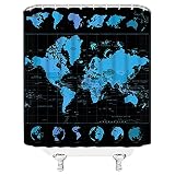 World Map Shower Curtain Blue Watercolor Educational Map with Major Cities Geography Countries Capit