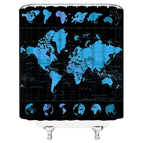 World Map Shower Curtain Blue Watercolor Educational Map With Major Cities Geography Countries Capital Continent For Children Students Fabric Bathroom Decor Sets With Hooks,Blue Black #TOP12