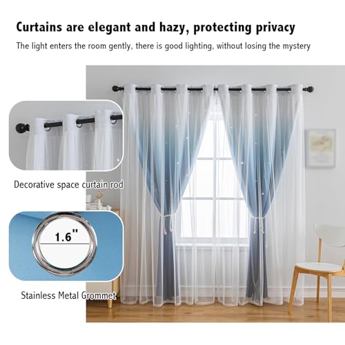 Image of Double Layer Dreamy Star Blackout Curtain 1 Panel W52 x L95,Dark Blue | Princess Style Window Drapes for Kids Room Elegant Decor for Daughter Bedroom Living Room Soft Fabric Design