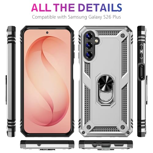 Image of for Samsung Galaxy S26 Plus Case with Screen Protector, Heavy Duty Military Grade Shockproof Rugged Protective Cover for Samsung S26 Plus Phone Case with Metal Ring Magnetic Kickstand (Silver)