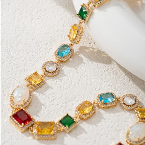 Tennis Necklaces for Men, Dainty 18K Gold Plated Diamond Tennis Choker Necklace Cubic Zirconia Chain with Emerald, Ruby, and Aquamarine Gemstones for Men Bride Birthday Wedding Valentine's Day Gifts3