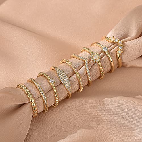 Plomfov 14K Gold Plate Stacking Rings Set For Women V Opal Flower Cz Rings Simple Thumb Thin Stackable Rings Gold Statement Rings Plain Band Gold 7 #TOP5