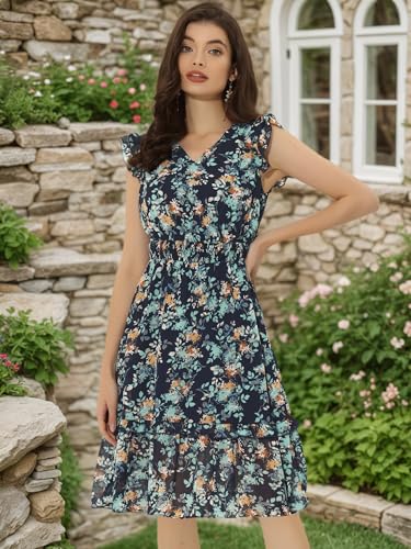 Image of Allegra K Women's Floral Dress Spring Summer V Neck Flutter Sleeve Ruffle Casual Smocked Knee Length Dresses