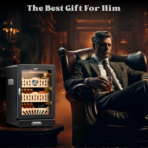 KEJIAR Cigar Humidor, Glass top Tabletop Cigar Humidor Cabinet Draw Pattern Spanish Cedar Tray, Accessories Drawer, 2 Standing Gel Humidifiers,1 Digital Hygrometer, for Men(Black)