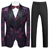 Tuxedo Suits for Men 3 Piece Regular Fit Men's Suit Set Floral Pattern Blazer Jacket Waistcoat Pants Violet XXL