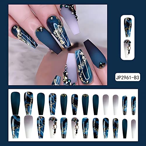 Long Press On Nails Navy Blue Coffin Fake Nails French Marble False Nails With Glitter Designs Rhinestones Glue On Nails Matte Stick On Nails Artificial Nails For Women 24Pcs #TOP4