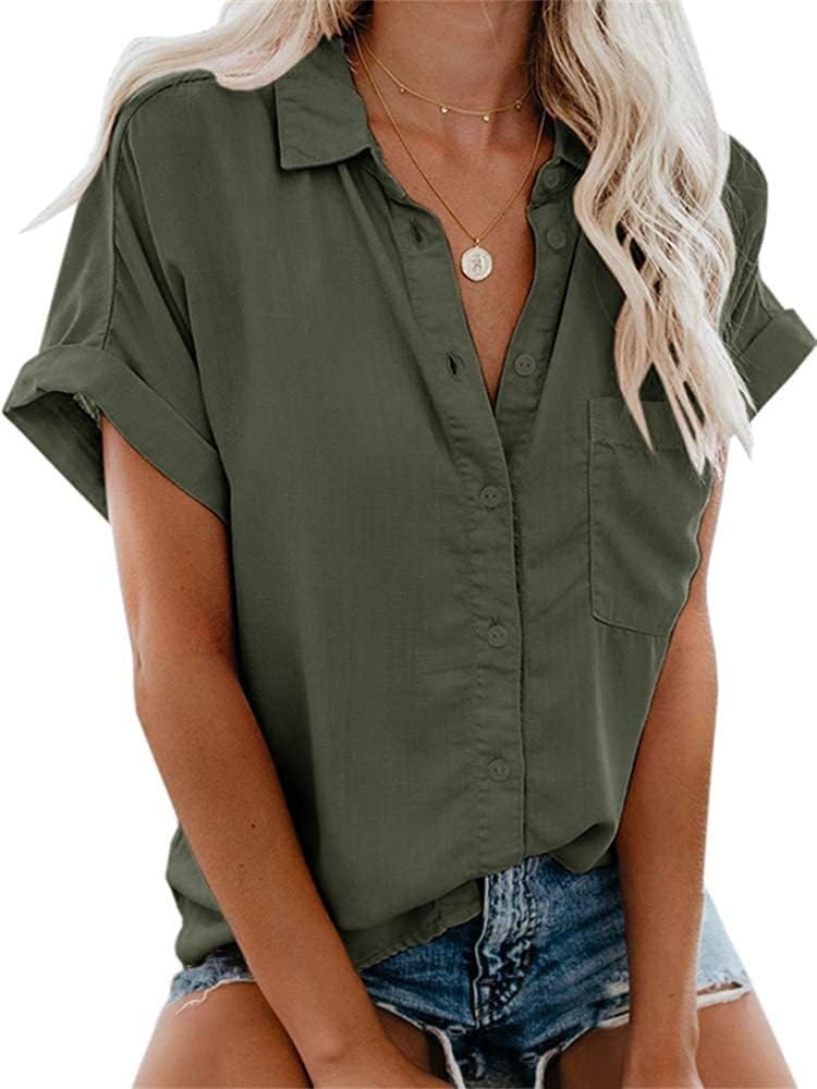 Glacspyg La Blusa de Manga Corta para Mujer Camisa Casual de Verano con Bolsillos y Botones
