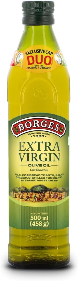 Borges Extra Virgin Olive Oil - 500 ml |Unrefined & Cold Pressed Oil|Packed in Spain |75% MUFA | Rich in Antioxidants | Ideal for Low Heat Cooking Like sauteing & Grilling, Salad Dressing