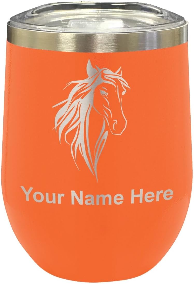 LaserGram 16oz Double Wall Stainless Steel Wine Glass Tumbler, Horse Head 3, Personalized Engraving Included (Green)