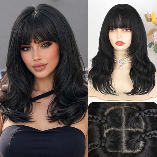 XIXIBI Black Wig with Bangs for Women, 4x4 Realistic Scalp,