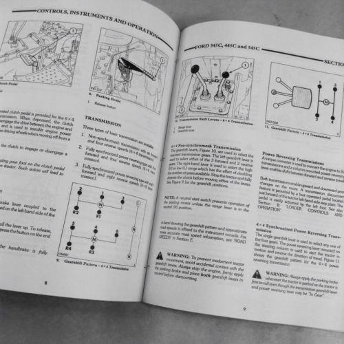Manual page showing diagrams of clutch pedal, parking brake, and transmission gearshift patterns
