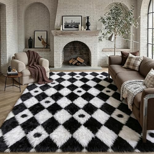 PureCozy 6x9 Area Rug Clearance Washable Living Room Non Slip Neutral Soft Bedroom Checkered Carpet Black and White Fluffy Modern Shag Fuzzy Indoor Large Aesthetic Home Office Playroom Nurse