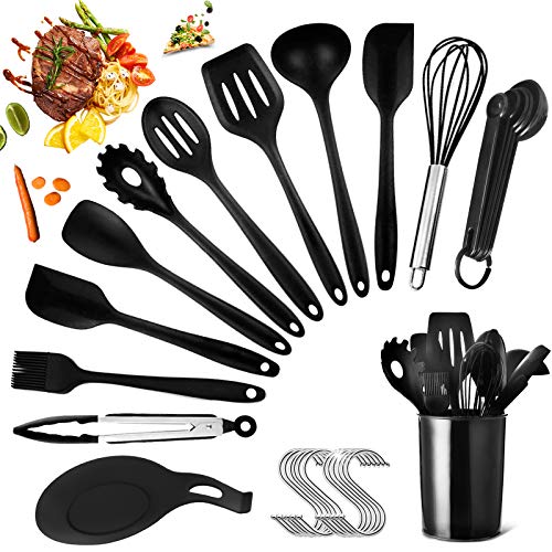 HEPAZ Utensilios de Cocina Silicona,14 Piezas Utensilios de Cocina de Silicona,espátula, Cuchara, cucharón, batidor, Pinza para Espagueti, Olla de Almacenamiento, 5 cucharas de medir y Ganchos