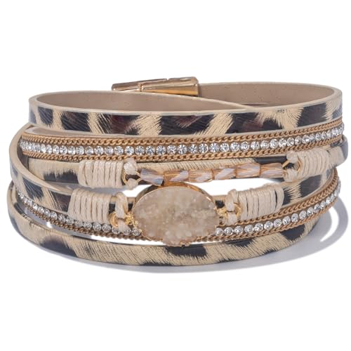 Boho Chunky Leather Wrap Bracelets Stackable Beaded Western Country Jewelry | Crystal Bead Trendy Layered Cuff Magnetic Clasp Stack Bohemian Statement Costume Outfits Cowgirl Fashion Hippie Accessories