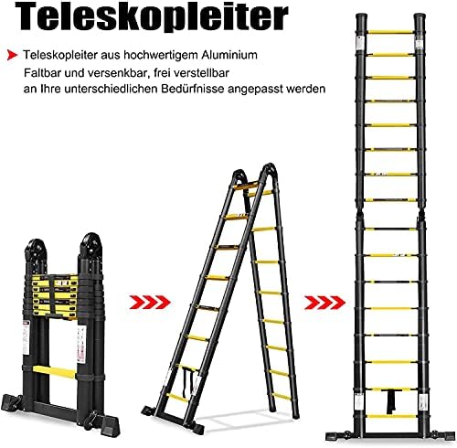 Froadp 5m Aluminium Multi-Purpose Ladder Extendable Non-slip Multifunction Telescopic Loft Ladders Multi-purpose Folding Extension Ladder max 150kg Load Capacity (2.5 + 2.5m, Black + Yellow)