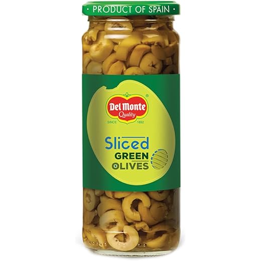 Del Monte Green Sliced Olives 450g l Select Quality Olives Imported from Spain | Italian cuisine ingredient | Low Fat Ready-to-Eat Healthy Snack l 100% Natural and Evenly Cut | Suitable for Pizza, Pasta Topping, Garnishing Salad, Wraps | Source of Fibre, 