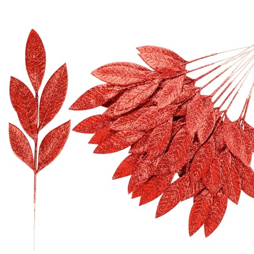 Image of VEYLIN Christmas Glitter Bay Leaf, 12Pcs Artificial Christmas Tree Picks Sprays for Christmas Tree Wreath Floral Wedding Bouquet Decoration(Red)