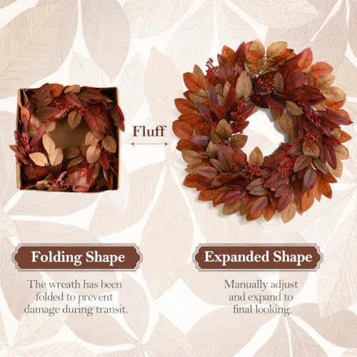 Image of DN DECONATION Fall Wreath for Home Front Door Decor, Decorations for Wall | 22in Autumn Brown Wreath, Artificial Leaves, Red Berry Clusters, Perfect for Thanksgiving Harvest Farmhouse Outdoor Indoor