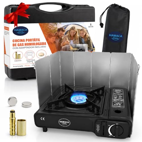 Hamaca Store Kit 4 en1 Cocina Camping Gas Portátil,Hornillo Camping Gas+Adaptador para Bombona Externa+Cortaviento Plegable con Imanes de Fijación,Encendido Automático,Camper,Autocaravana,Senderismo