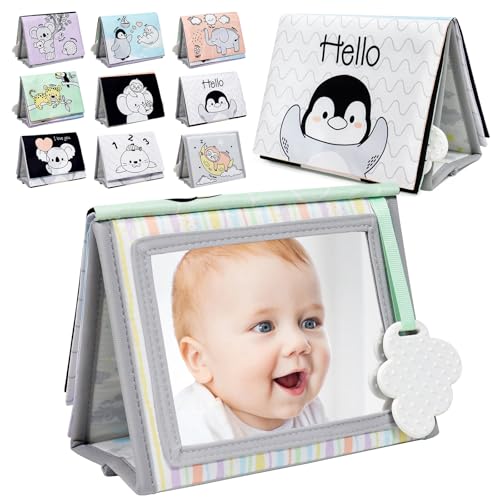 Dr.Rapeti Soft Tummy Time Book Baby Safe Mirror with Teether Crinkle Pages Tummy Time Mirror High Contrast Montessori Sensory Toy Tummy Time Toy for Newborn Baby Infant