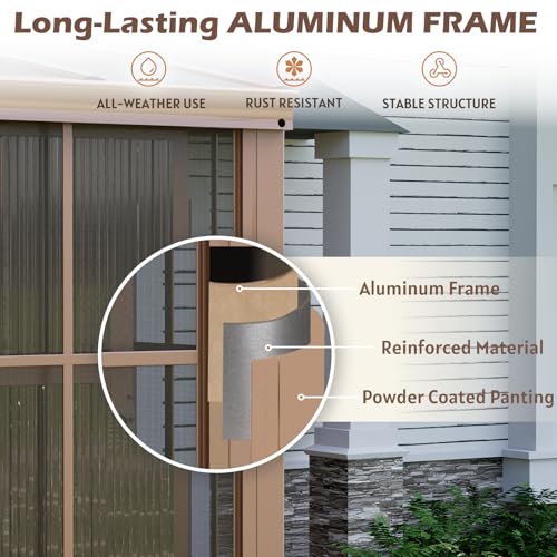 EROMMY 10' x 16' Sunroom, Wall Mounted Gazebo Solarium with Drainage Trough, Polycarbonate Roof, Lean to pergola for Garden, Permanent Sun Room with Lockable Sliding Doors, Brown - Image 4