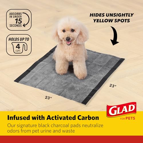 Glad for Pets Black Charcoal Puppy Pads - 6-Layer Leak-Proof Construction, Activated Carbon Odor Control, Pheromone Attractant - Disposable Dog Pee Pads for Potty Training, 23 x 23 in, 100 Count