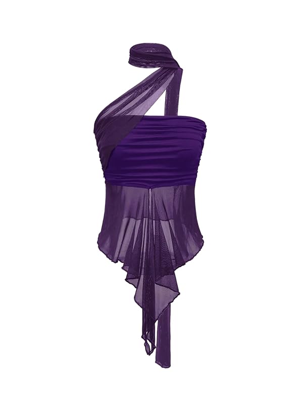 OYOANGLE Women's Sheer Ruffle Trim Halter Ruched Concert Y2K Crop Tops by OYOANGLE - Used condition - US$19.47