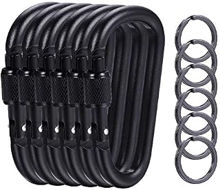KRENDR 6 Pcs Upgraded D-Ring Locking Carabiner, 3.1" D Shape Keychain Clips for Outdoor, Camping, Hiking, Fishing, Home RV, Travel, 6 Spring-Loaded Gate Hook with 6 Key Rings