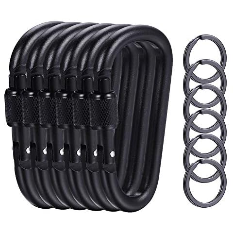 KRENDR 6 Pcs Upgraded D-Ring Locking Carabiner, 3.1" D Shape Keychain Clips for Outdoor, Camping, Hiking, Fishing, Home RV, Travel, 6 Spring-Loaded Gate Hook with 6 Key Rings Cover