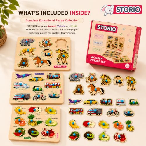 Image of Storio Wooden Puzzle Combo Set for Kids, Vehicle Fruit & Animal Knob Puzzles, Montessori Educational Learning Toy, Fine Motor Skill Wooden Board for Toddlers Boys Girls Age 2+ Years