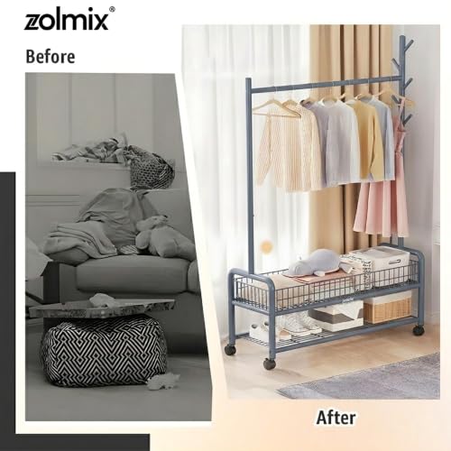 Image of ZOLMIX Metal Garment Rack With Wheels & 2 Bottom Mesh Shelves | Clothes Hanging Stand, Coat Hanger Stand For Home, Cloth Rack For Bedroom, Clothing Rack Organizer For Clothes, Bags & Shoes (Grey)