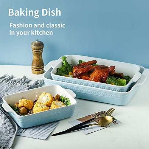 Ronnior Lasagne Dish Large Deep, Ceramic Baking Set of 3, Rectangular Baking Dishes, Oven Dish, Serving Dish Set for Tapas, Casserole, Roasting, Cooking Dishes for Oven, Daisy Series (Sky)