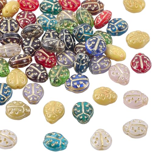 PONABEADIY 1 Box 80pcs Beetle Glass Beads with Hole Bugs Mixed Color Animal Insect Czech Lampwork Golden Metal Enlaced Spacer Beetles Bead Charm for Jewelry Making Bracelet Earring DIY Craft Supply