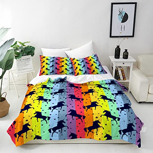 ANHOPE Unicorn Duvet Cover Set 3 Piece Bedding Set Colorful Rainbow Background Print Pattern Soft Comforter Cover with 2 Pillowcases All Season Quilt Cover with Zipper for Kids Girls Double