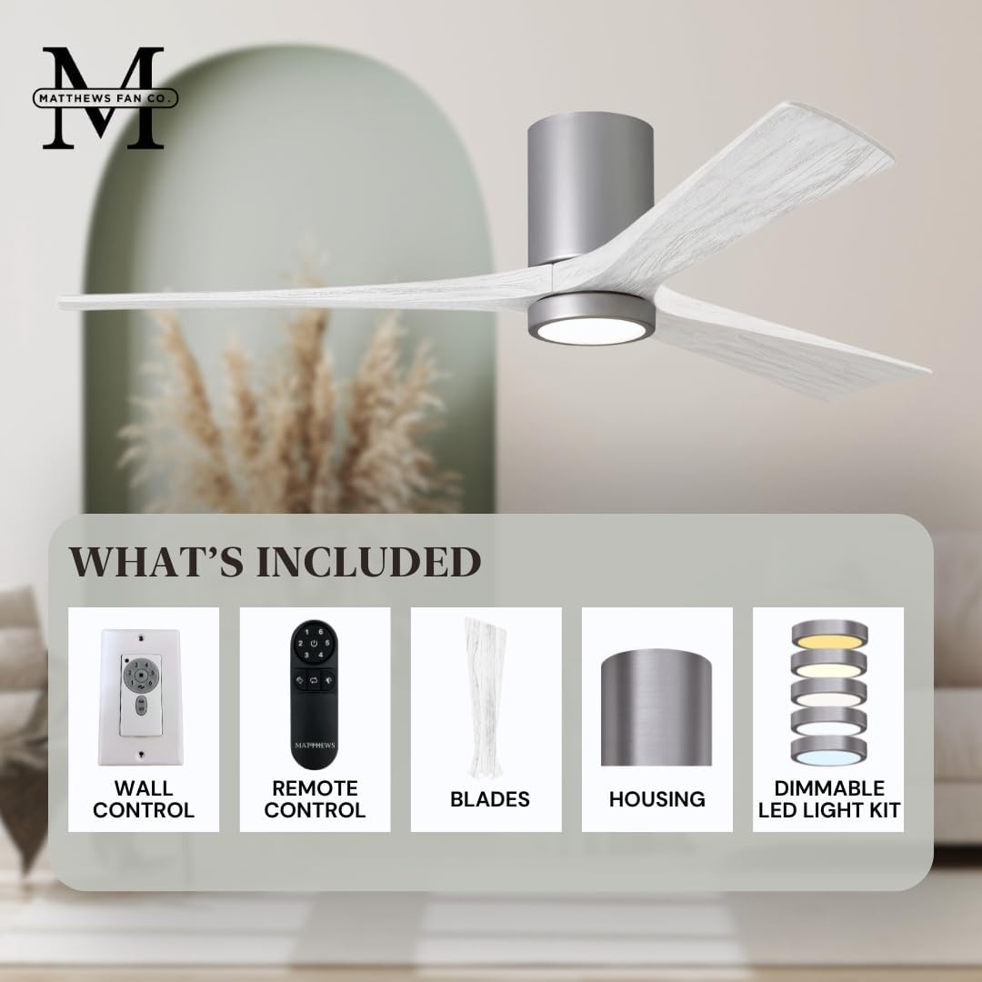 Matthews IR3HLK-BN-MWH-42 Irene Damp Rated Flush Mount 42" Ceiling Fan with Light and Remote & Wall Control, Silent DC Motor, 3 Solid Wood Blades, Brushed Nickel with Matte White