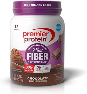 Premier Protein Powder Plus Fiber, Chocolate, 25g Protein, 7g Fiber to S...