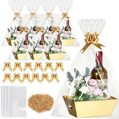 Fulmoon 20 Set Christmas Empty Gift Baskets for Gifts Wrapping Kraft Basket with Cellophane Wrap...
