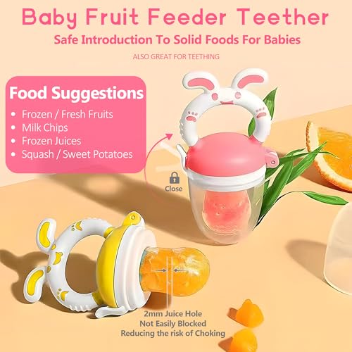Image of WAJIAYON Baby Fruit Feeder Pacifier | 2 Infant Food Feeder Pacifier & 1 Baby Food Dispensing Spoon | Mesh Fresh Fruit Teethers for Babies Teething Feeders | Shower Gifts for Boys and Girls (Pink)