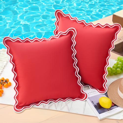 18x18 Red Scalloped Outdoor Throw Pillow Covers Waterproof & Sunproof Set of 2 Embroidered Red Boho Christmas Unique Outdoor Decorative Throw Pillows Front Porch & Patio Furniture Decor Pillows