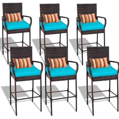 Image of Sundale Outdoor Wicker Bar Stool Set of 6, Patio Counter Height Pub Chair with Arms, High Top Rattan Barstool, Cushion Beige, All-Weather Outdoor Rattan Furniture (Brown&Blue, Small Seat - 6 Stools)