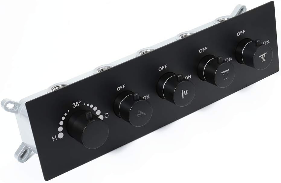 Diverter Valve Thermostatic Brass Multifunction Embedded Rain Shower Valve Control the Hot and Cold Switches, Black,Black:fourfunctions