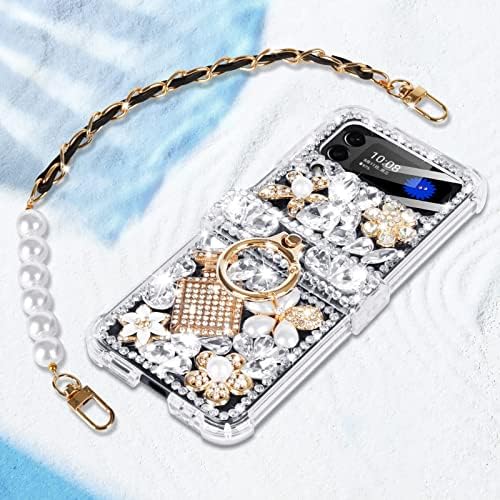 FODDOM for Samsung Galaxy Z Flip 4 5G Case with Ring & Pearl Strap, 3D Handmade Sparkle Stunning Stones Crystal Diamond Bling Glitter Phone Case for Samsung Galaxy Z Flip 4 5G