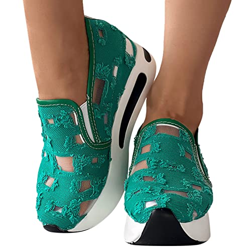 Fashion Sneakers for Women 2023 Floral Embroidery Breathable Sheer Mesh Sneakers Slip On Sneakers Platform Wedge Sneakers Dressy Casual Shoes Walking Sneakers (C-Green, 8.5)