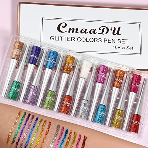Aseawave 16 Colors Liquid Glitter Eyeliner Set, Metallic Shimmer Glitter Eyeshadow, Colorful Rainbow Eyeliner Long Lasting Waterproof Face Lips Art For Party Festival Makeup #TOP2