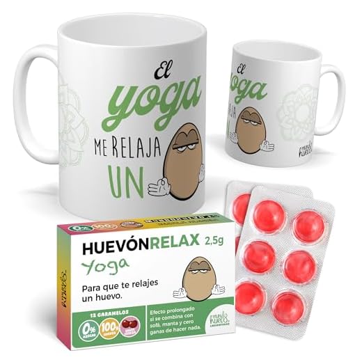 mundohuevo Pack Regalo Yoga Original: Taza Divertida “El Yoga me Relaja un Huevo” + Caramelos HuevónRelax Yoga | Detalle Gracioso para Amantes del Yoga y la Meditación